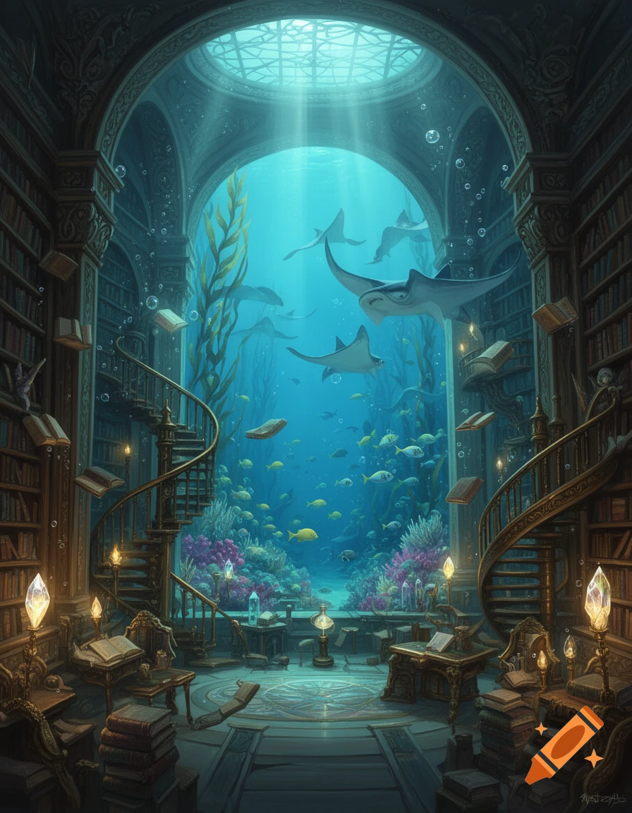Fantasy library interior with a large archway revealing an underwater aquatic landscape filled with rays and fish, digital illustration.