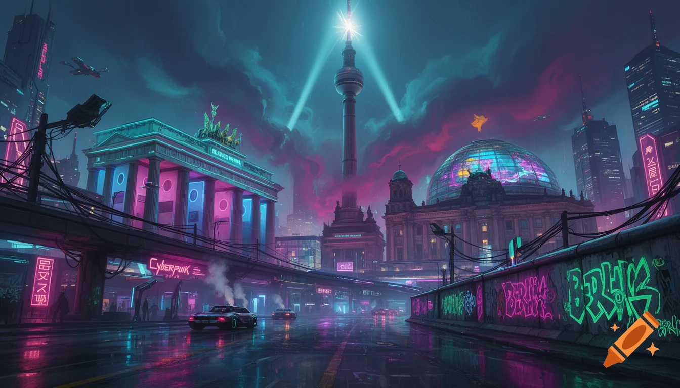 Cyberpunk style illustration of Berlin landmarks like the TV tower and Brandenburger Tor at night with neon lights.