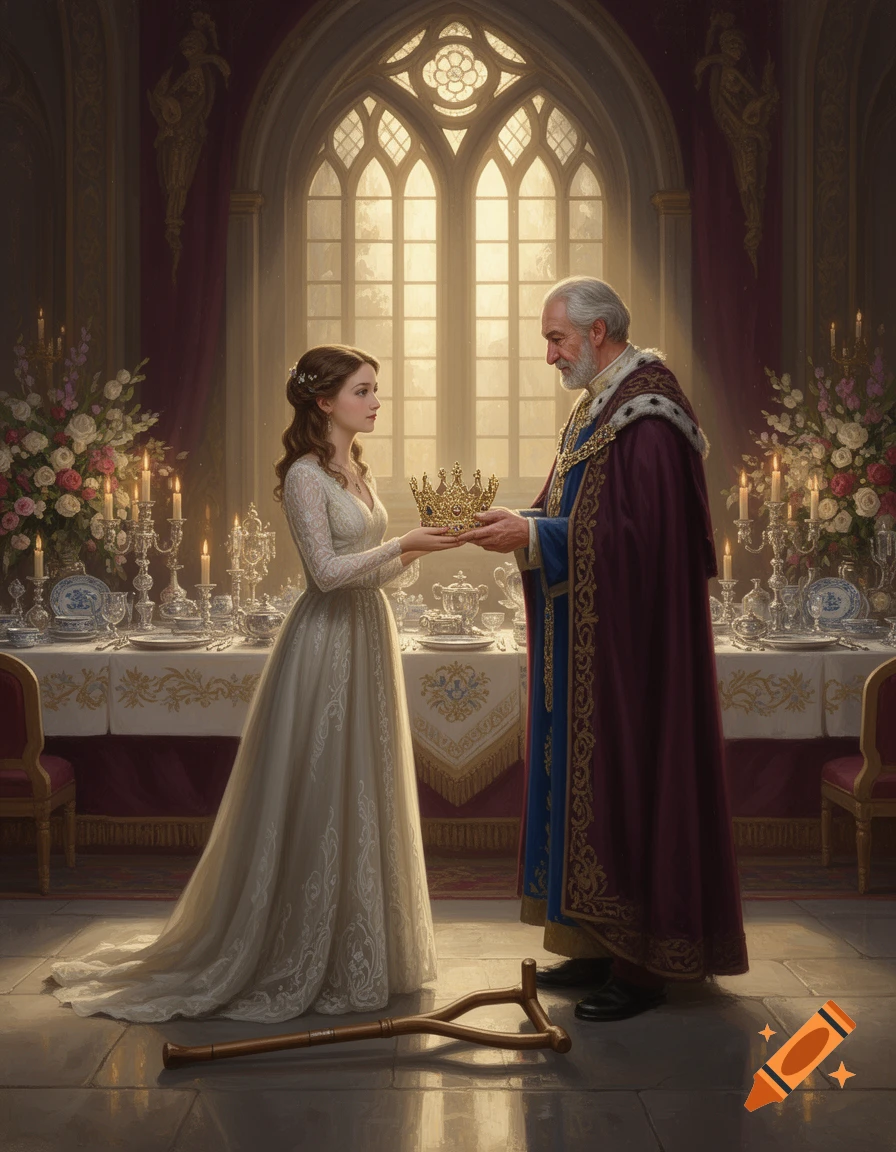 An elderly king bestows a crown upon a young woman in a lavish medieval banquet hall, with a crutch lying on the floor in the foreground. Photorealistic style.