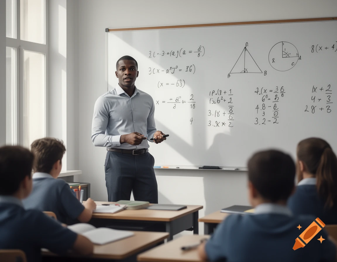 Photorealistic classroom setting where a male teacher stands before a whiteboard with mathematical equations, facing students.