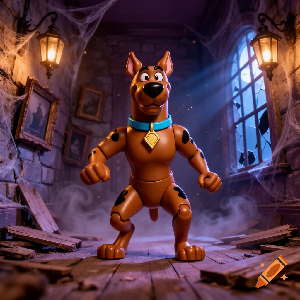 Scooby-Doo action figure standing on a wooden floor in a spooky, cobweb-filled haunted hallway with lit lanterns.