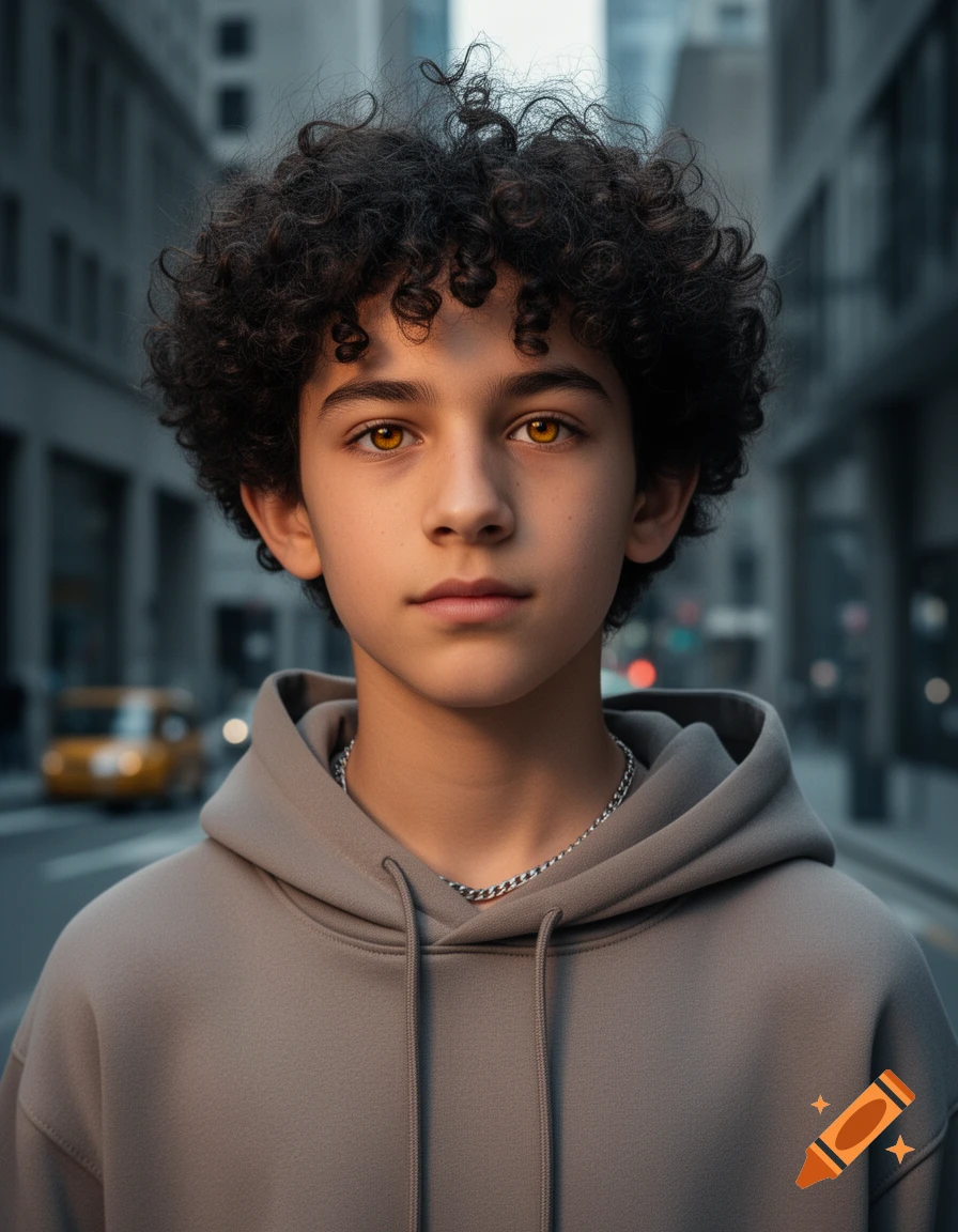 Photorealistic cinematic portrait of a 14-year-old boy with curly dark hair and golden-brown eyes, wearing an oversized grey hoodie.