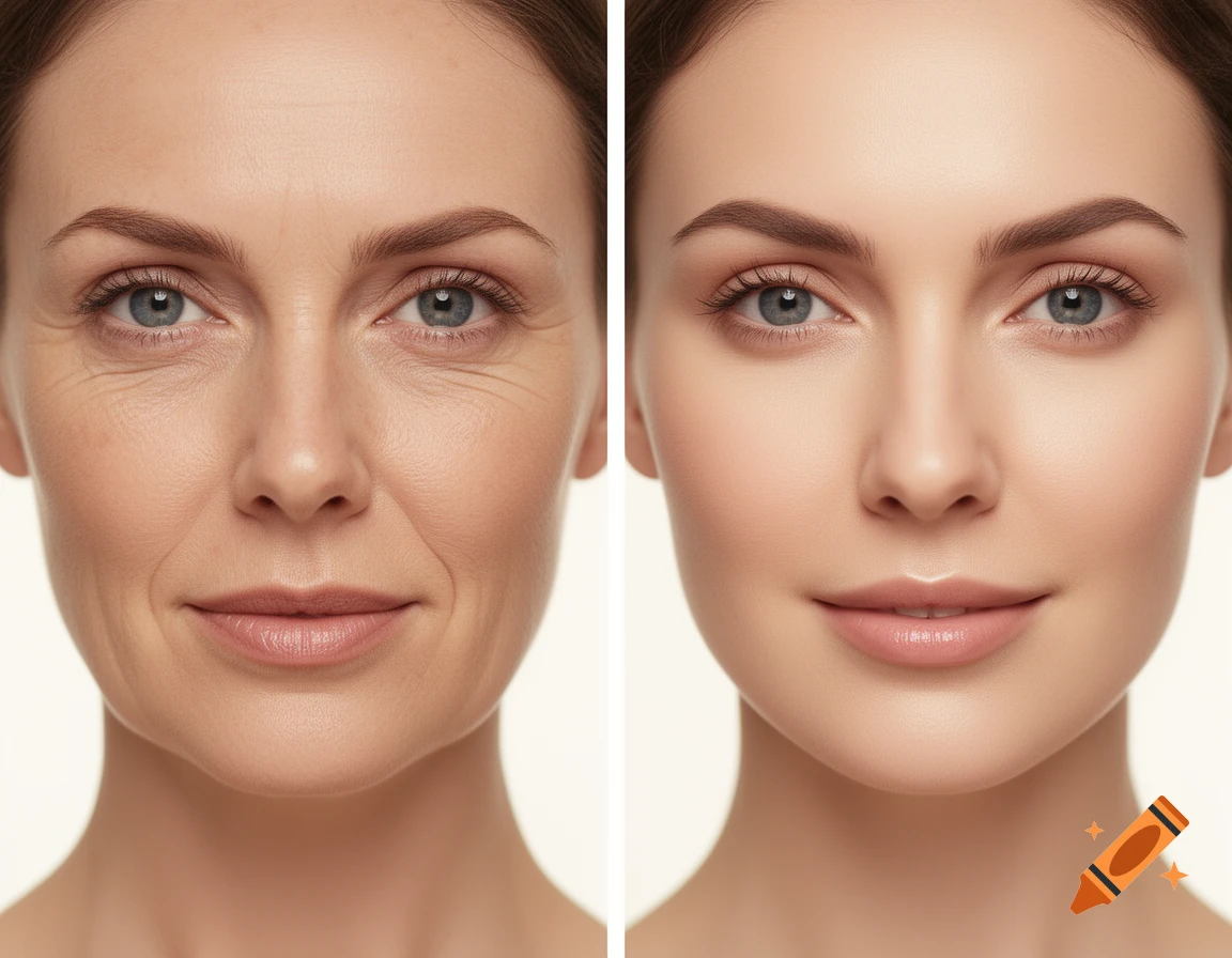 Side-by-side comparison of a woman's face, showing textured skin with fine lines on the left and smooth, youthful skin on the right.