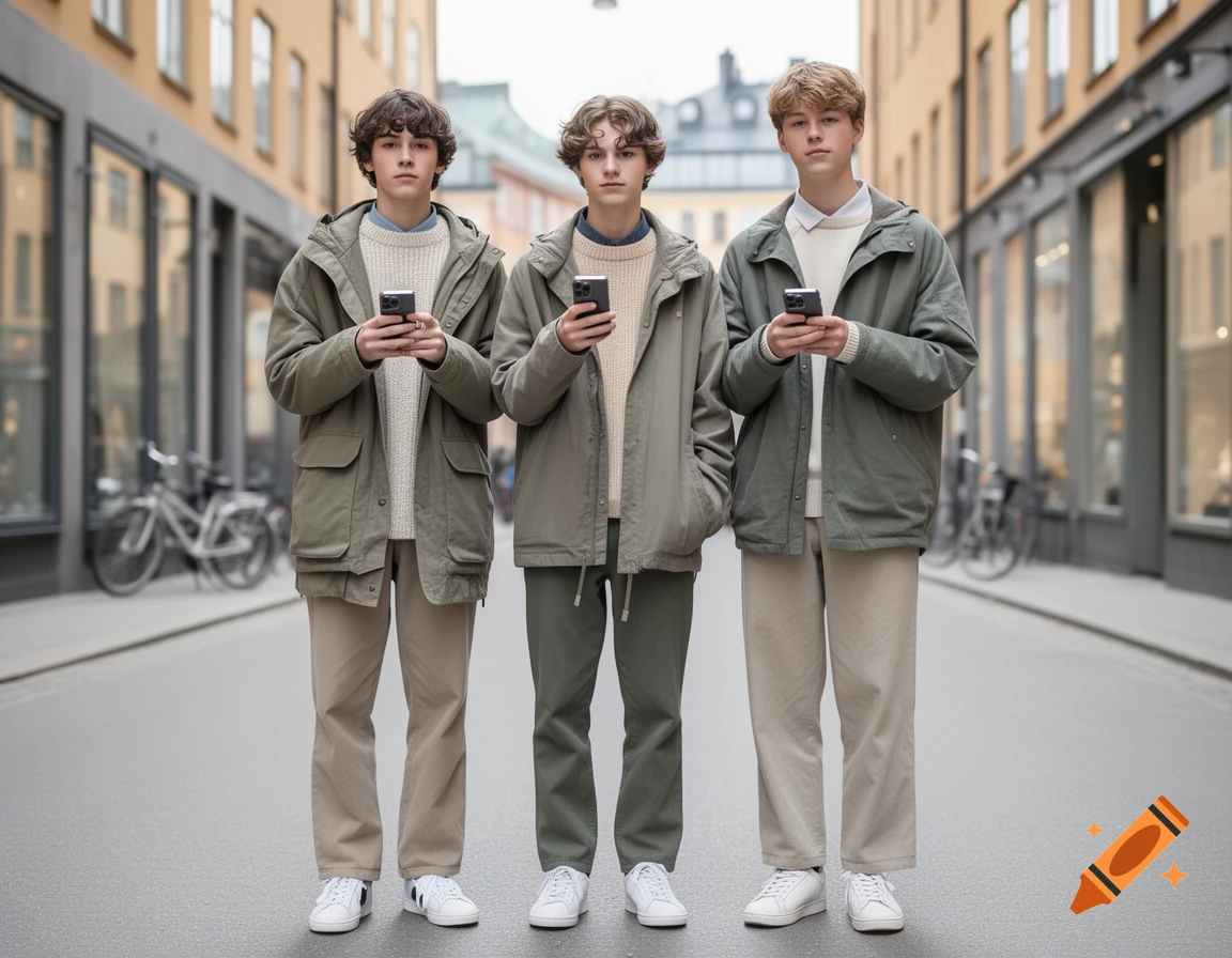 Three teenage boys in Stockholm-style outerwear standing on a city street, each holding a smartphone.