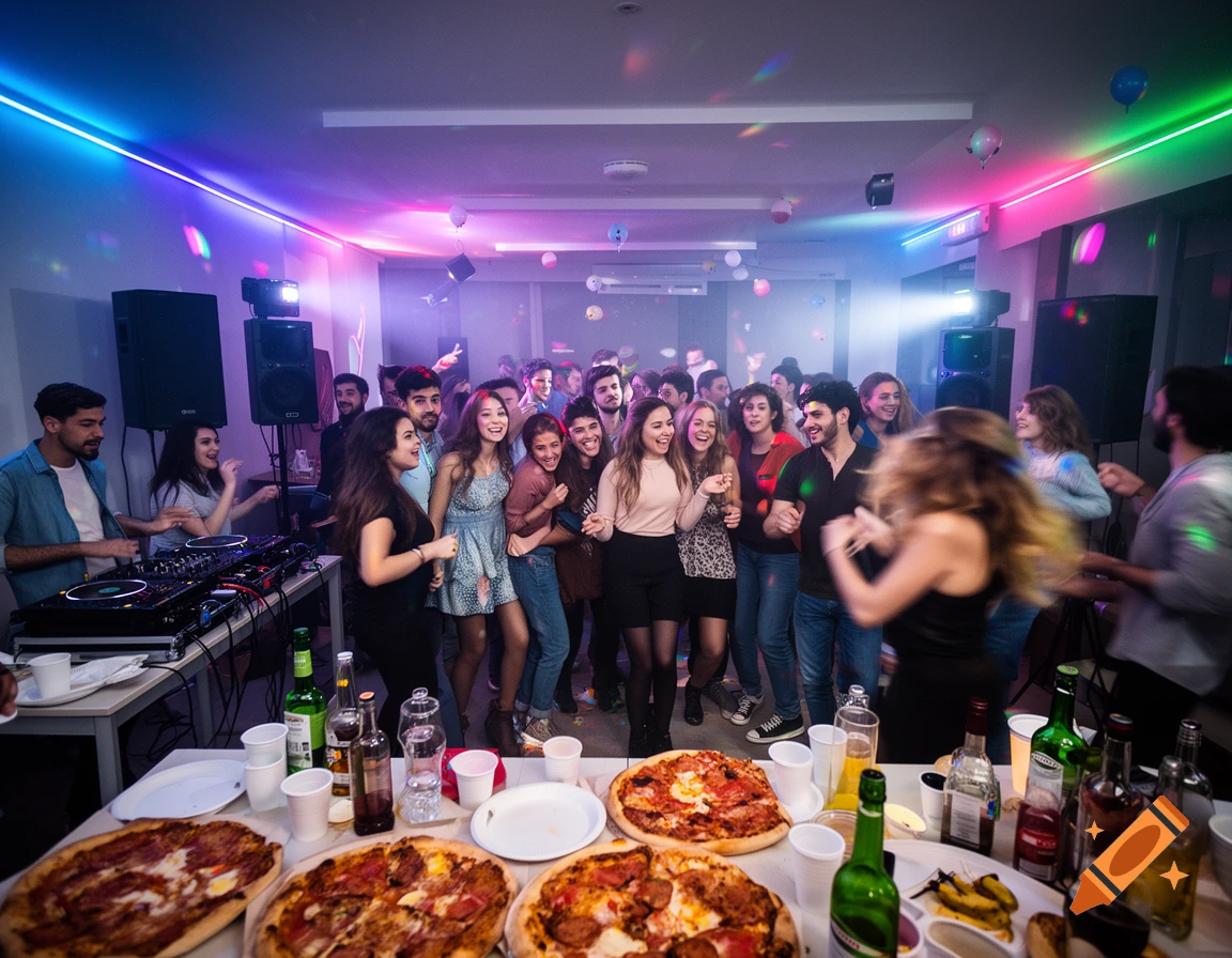 Photorealistic scene of a lively house party with young people dancing, DJ equipment, colorful LED lights, and pizza on a table.