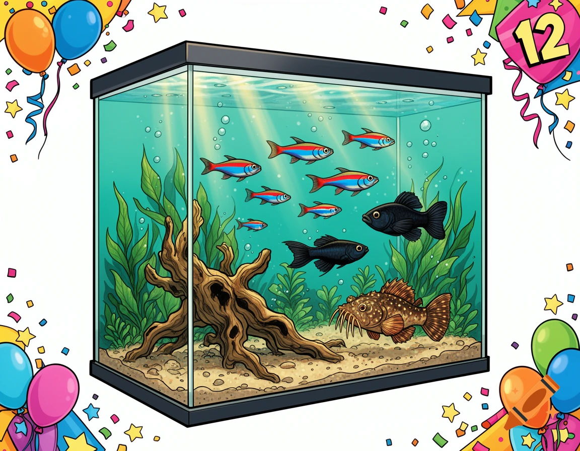 Comic style illustration of a rectangular aquarium with fish, driftwood, and plants, surrounded by balloons and confetti with a 12th birthday sign.