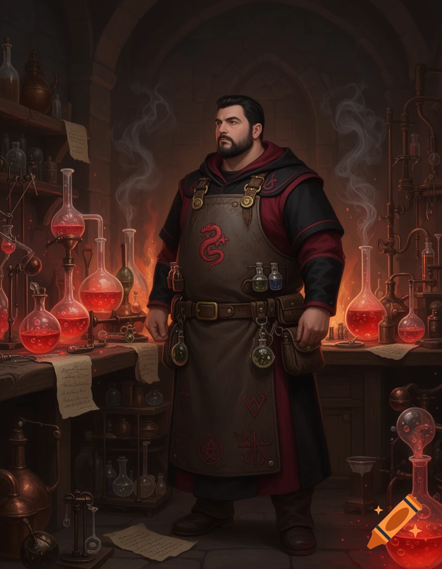 Digital painting of a male alchemist with a beard and dark hair, wearing a leather apron with a red dragon symbol in a potion-filled laboratory.