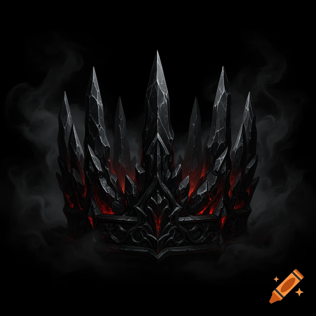 Spiked obsidian crown with red glowing base surrounded by dark smoke on a black background, digital art style.