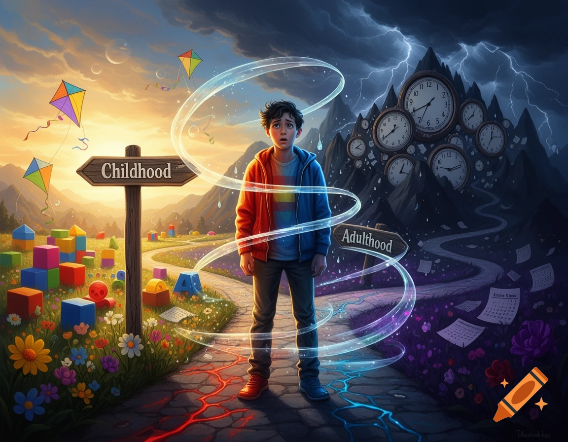 Surreal fantasy illustration of a confused teenager at a crossroads between childhood and adulthood.