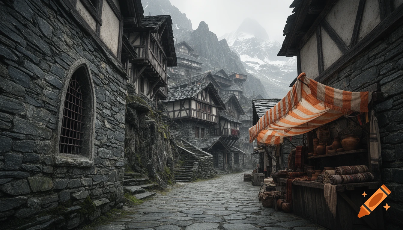 Photorealistic image of a narrow, steep cobblestone alleyway winding through a high-altitude medieval stone village.