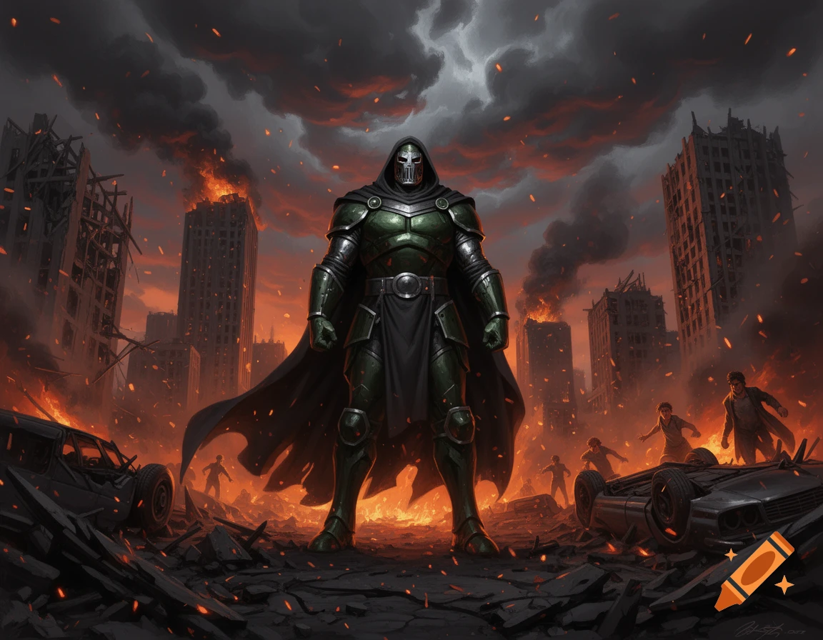 Doctor Doom in green armor standing triumphantly amidst a burning, destroyed city with fearful citizens running away.