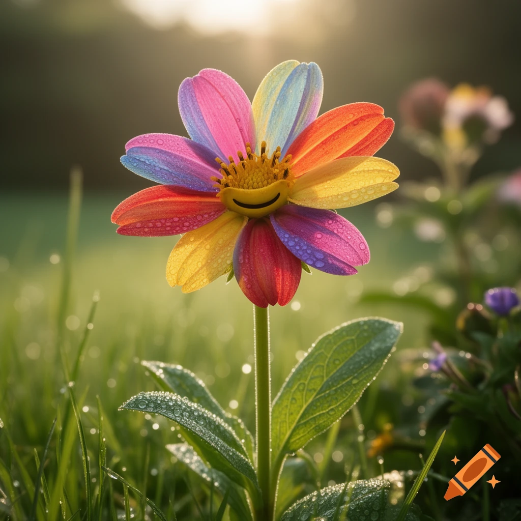 Photorealistic close-up of a vibrant multi-colored daisy with a smiling face in the center, covered in morning dew drops in a grassy field.