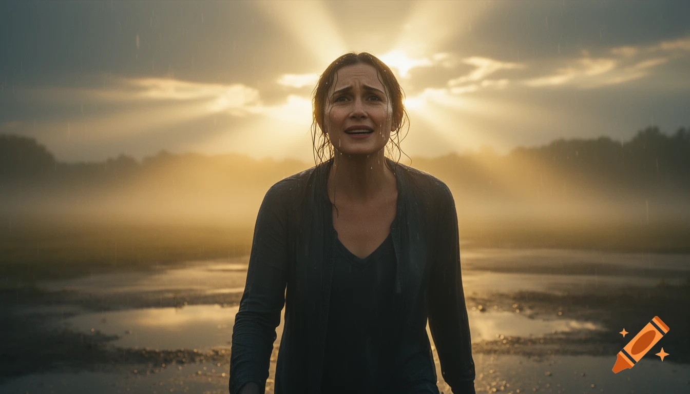 A woman crying tears of relief in the rain, stepping into warm morning sunlight with rising sun in the background.