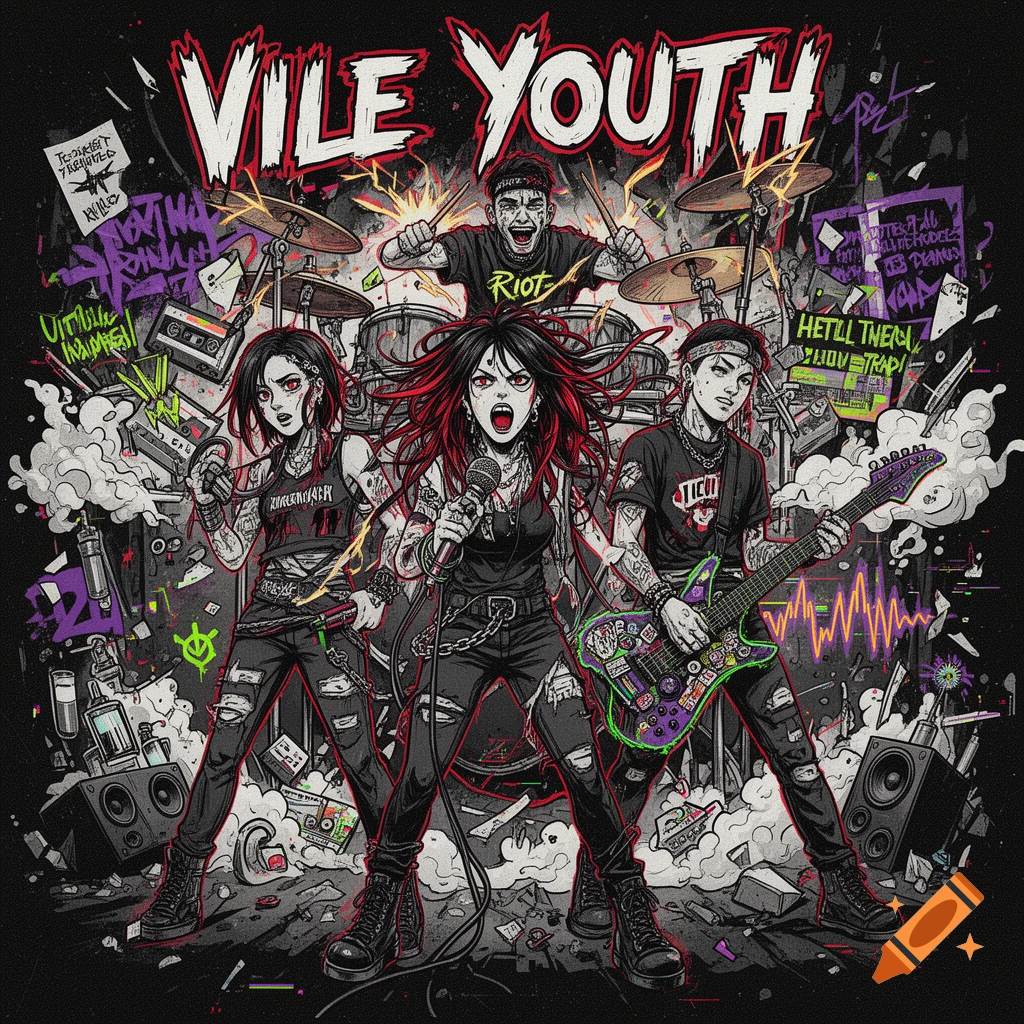 An aggressive punk anime band album cover featuring three members with red and black accents and bold text saying VILE YOUTH.