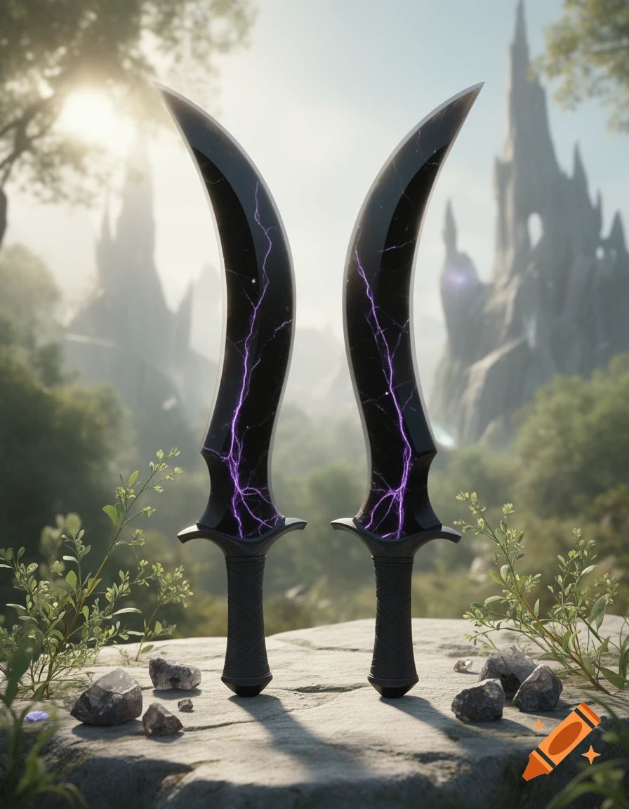Photorealistic image of two curved obsidian daggers with glowing purple lightning patterns inside, standing upright on a stone slab outdoors.