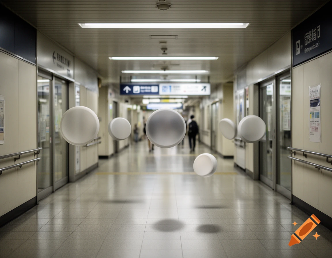 Photorealistic image of a Japanese train station corridor with several glowing white spheres floating mid-air.