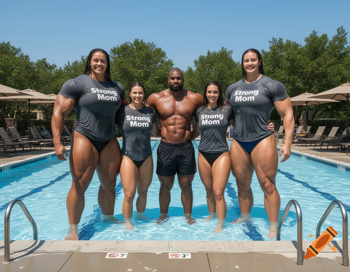 Photorealistic image of four extremely muscular giant women and one muscular man standing in a swimming pool, wearing 'Strong Mom' shirts.