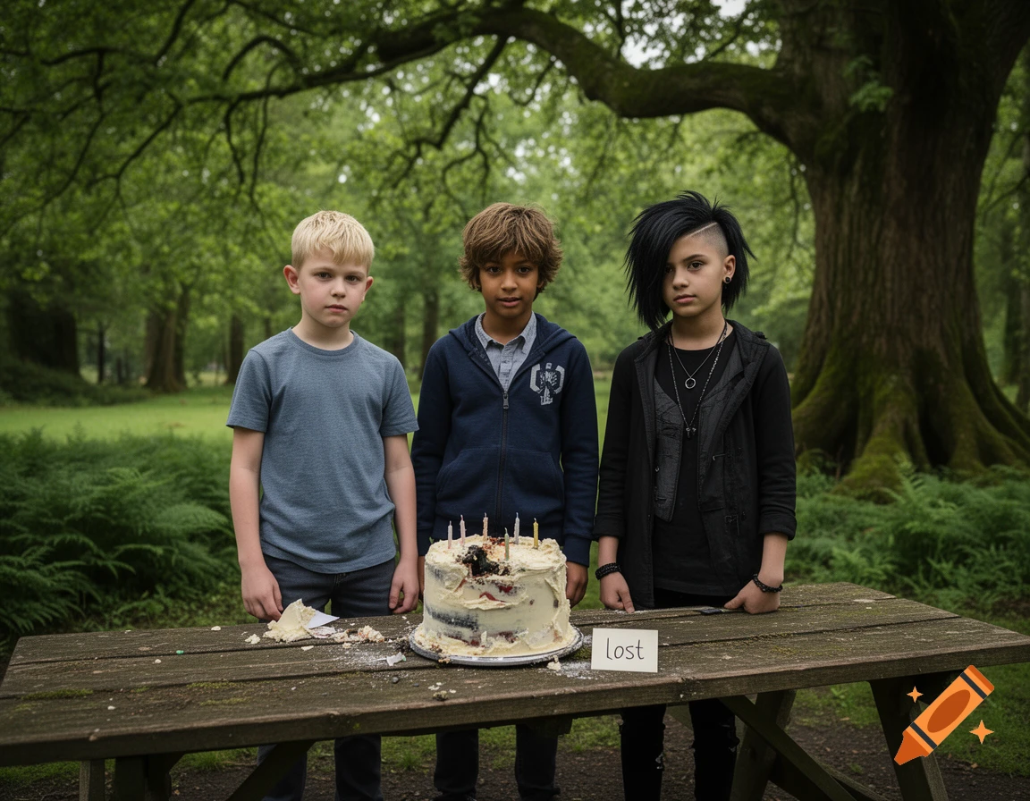 Three diverse boys standing behind a damaged birthday cake on a wooden picnic table in a green forest, photorealistic.