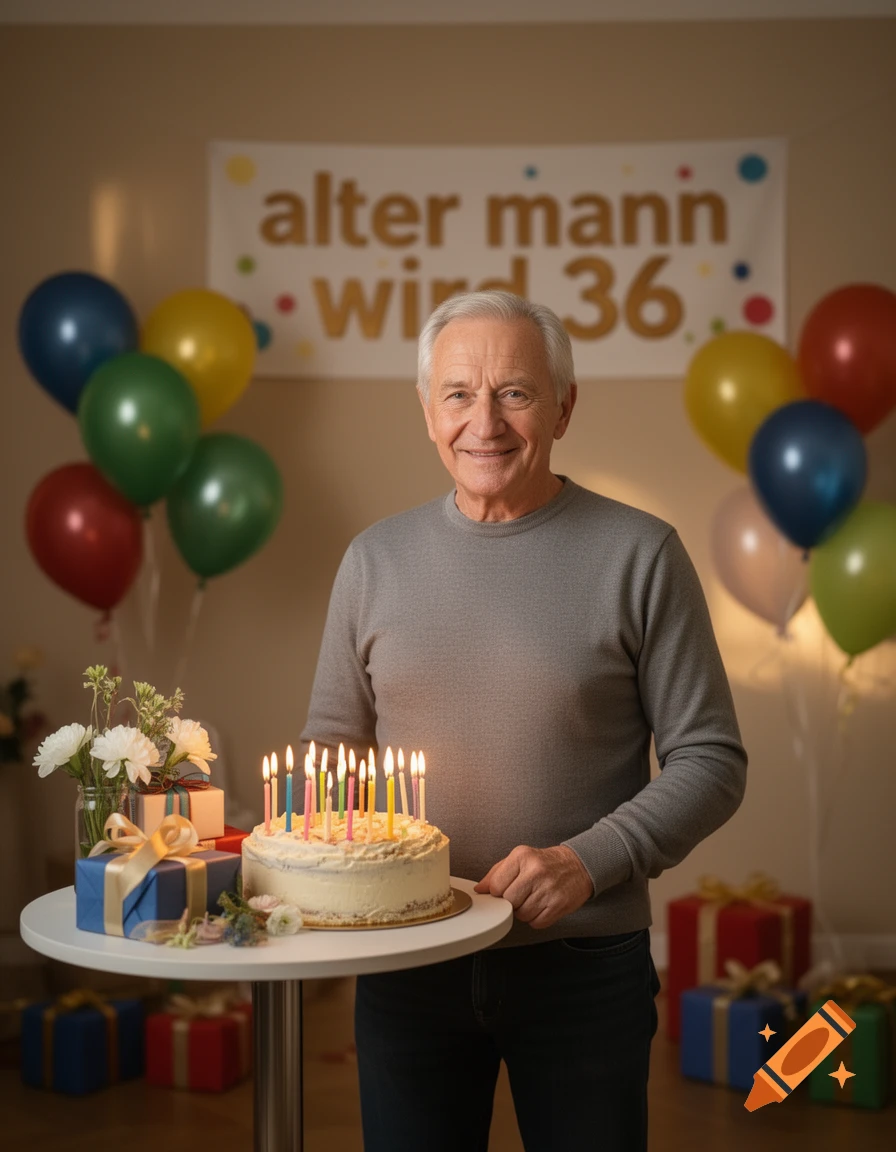 An elderly man smiling next to a lit birthday cake with balloons and presents in the background.