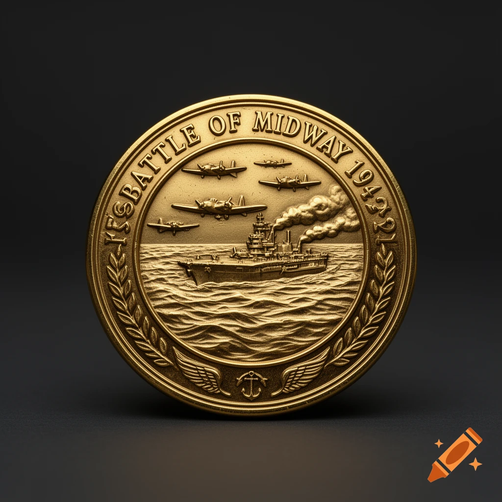 A gold commemorative coin depicting the Battle of Midway 1942 with an aircraft carrier and airplanes.
