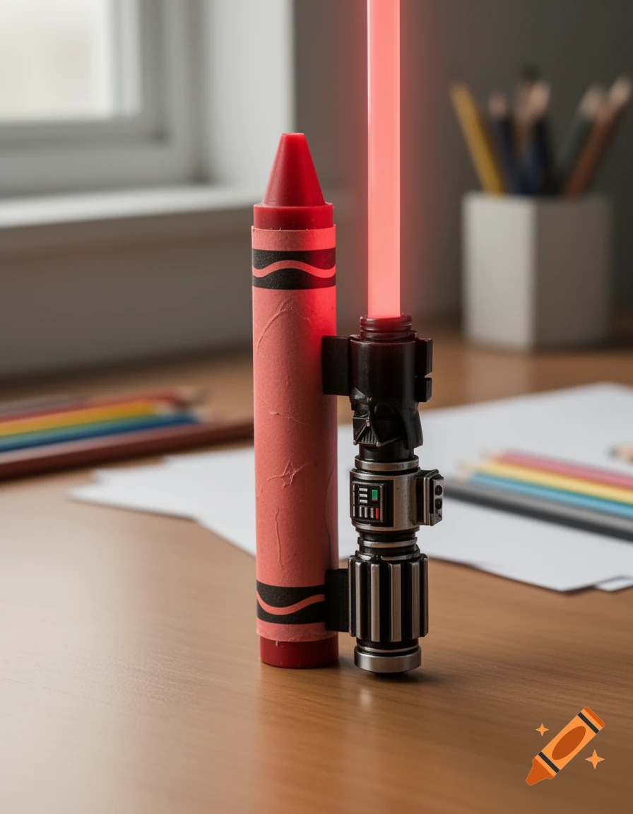 Photorealistic image of a red crayon attached to a miniature Darth Vader lightsaber hilt with a glowing red blade, standing on a wooden desk.