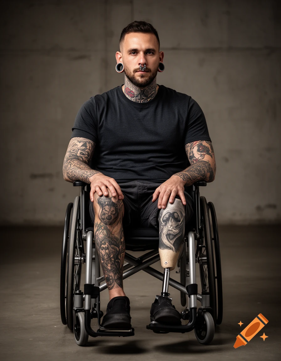 Photorealistic portrait of a tattooed man with stretched earlobes and septum piercing sitting in a wheelchair, showing a prosthetic leg.