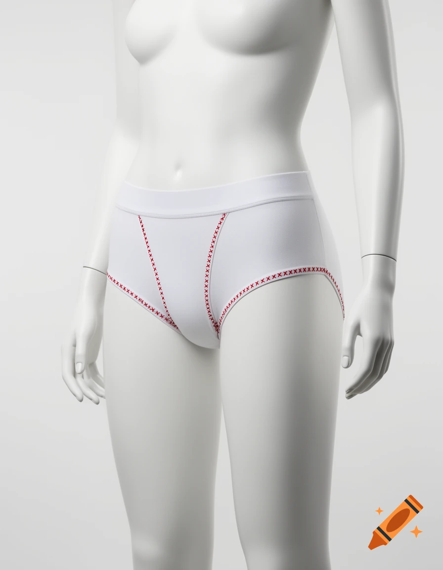 Photorealistic image of a white mannequin wearing specialized white underwear with red cross-stitch details.