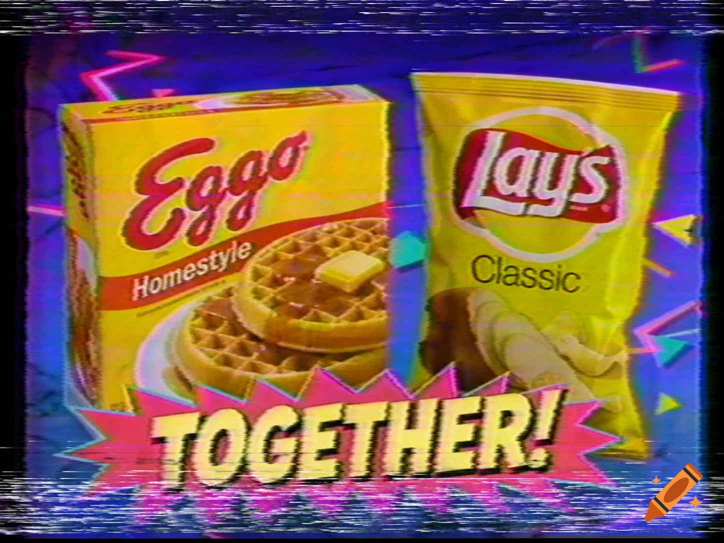 A vintage VHS-style 2000s commercial screenshot featuring an Eggo waffles box and a Lays chips bag with the text TOGETHER!
