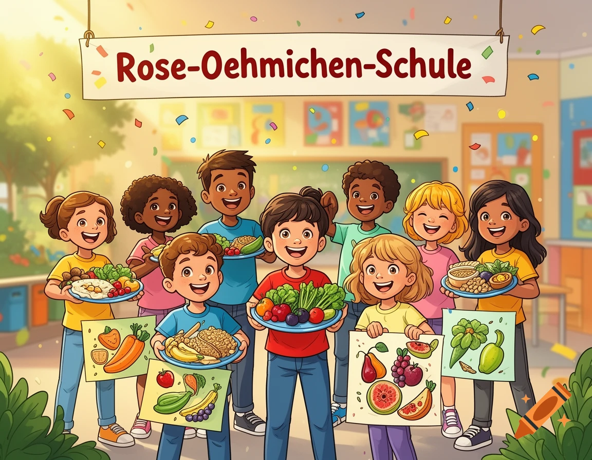 Comic-style illustration of smiling children holding plates of healthy food and posters in a school setting.