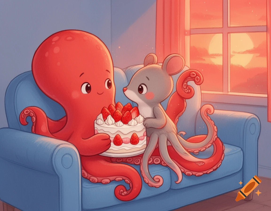 Digital illustration of a large red octopus and a small mouse-octopus hybrid sitting on a blue sofa, sharing a strawberry cake at sunset.