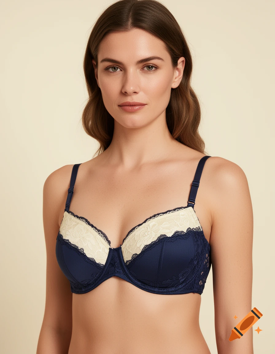 Photorealistic portrait of a woman wearing a blue and vanilla lace balconette bra against a neutral background.