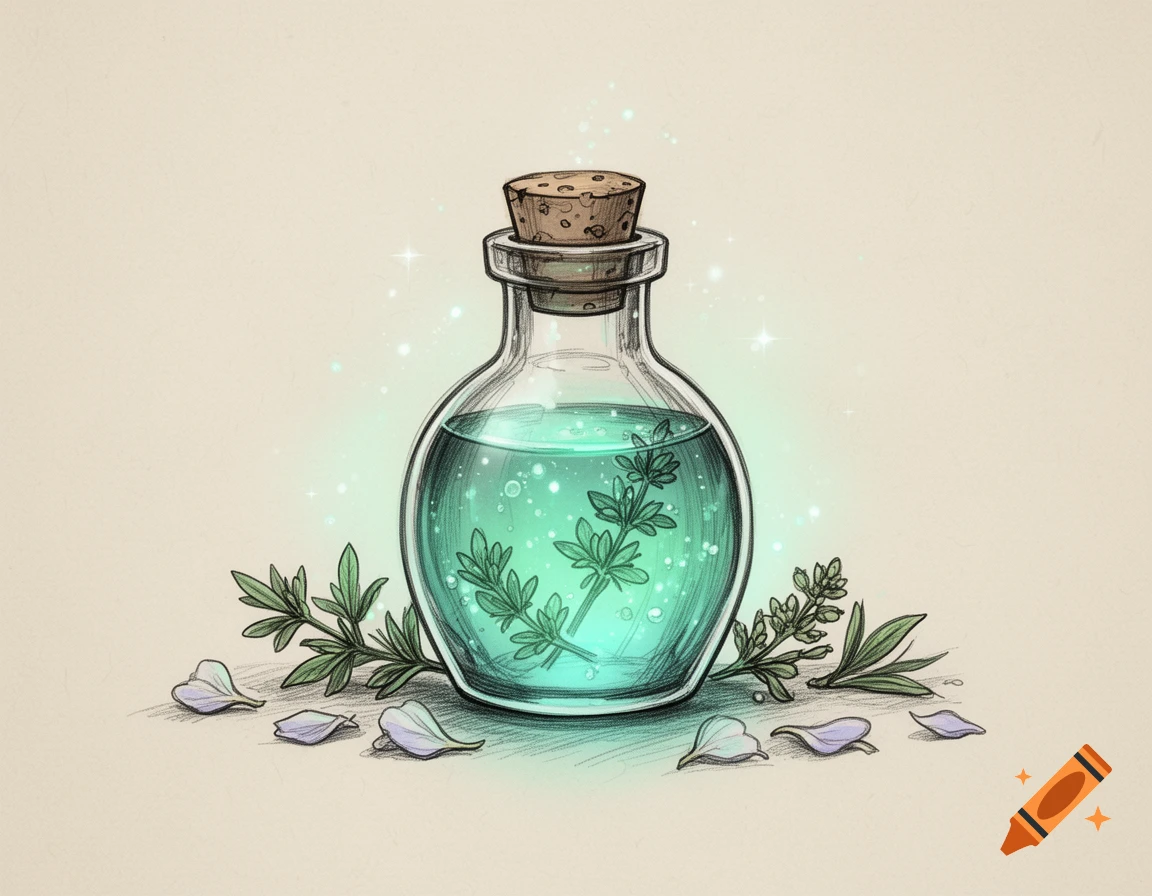 A sketch of a glass bottle filled with glowing green liquid and herbs, surrounded by leaves and petals.