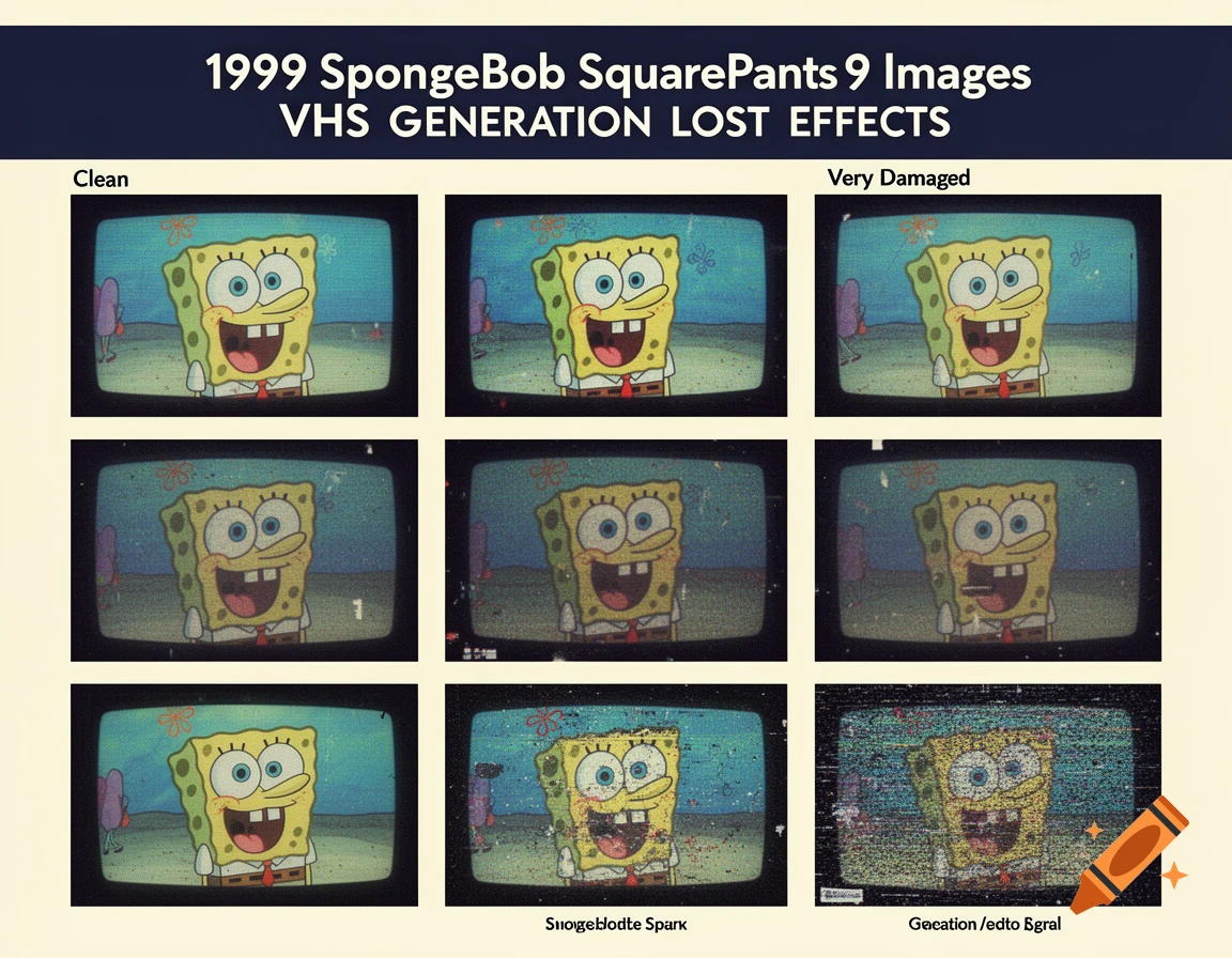 A grid of 9 images showing Spongebob Squarepants on an old CRT television screen with varying levels of VHS degradation and damaged effects.