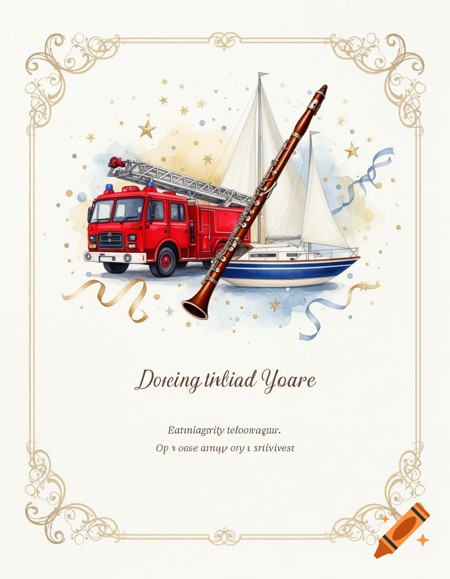 Watercolor invitation card featuring a red fire truck, a sailboat, and a bassoon decorated with gold ornaments and ribbons.