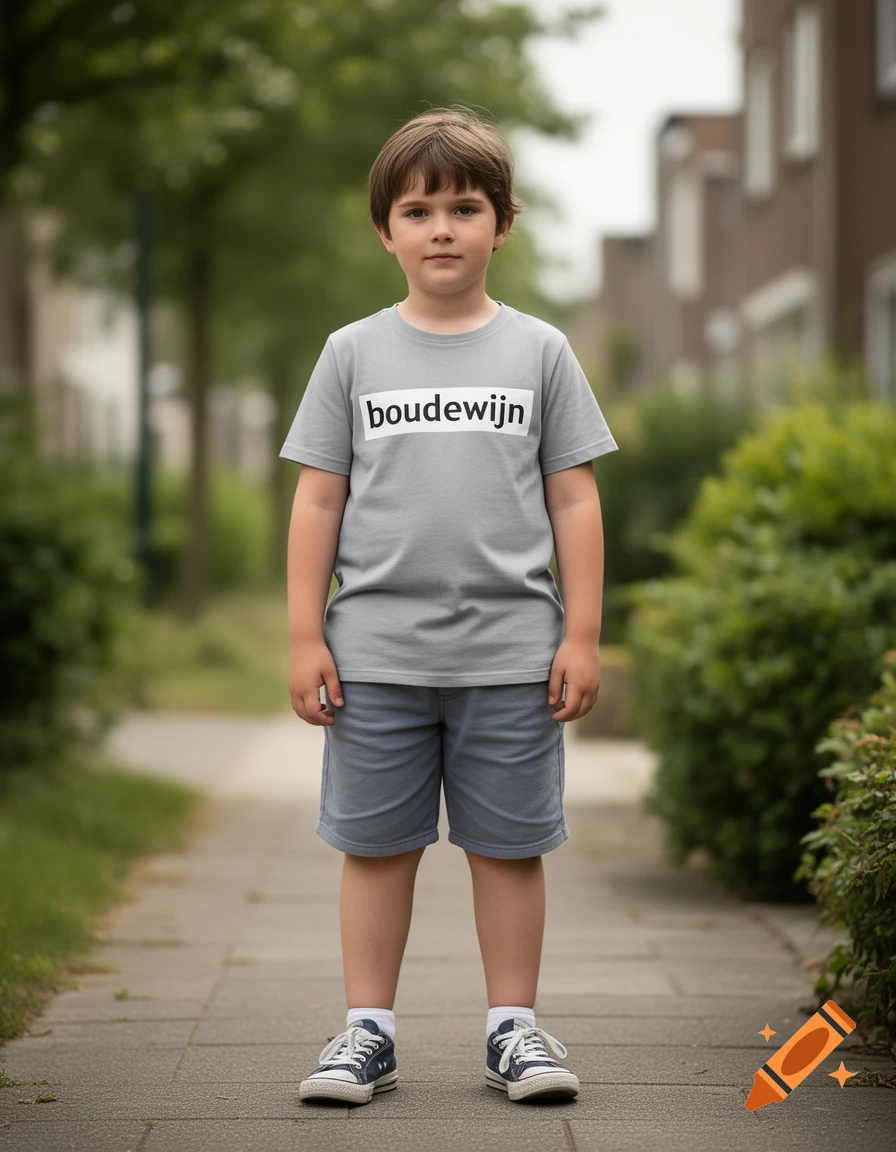 Photorealistic full-body portrait of a young boy standing on a sidewalk wearing a gray t-shirt with the text boudewijn and gray shorts.