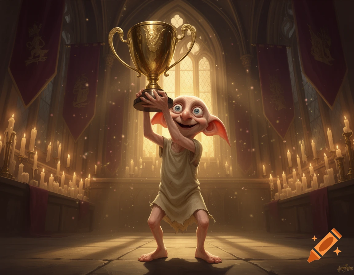 Dobby from Harry Potter holding a large golden trophy in a cathedral-like hall with lit candles, digital art.
