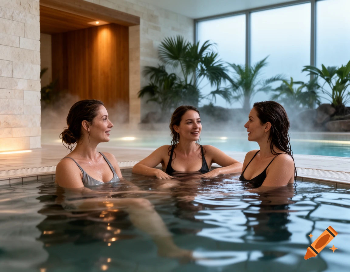 Three women chatting and relaxing in a warm indoor hot tub at a thermal spa with large windows.