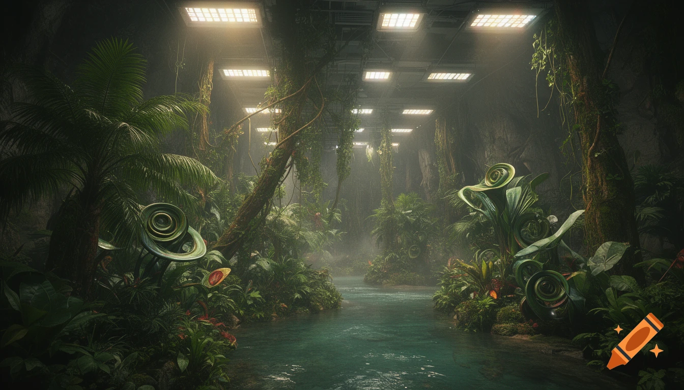 Photorealistic wide-angle view of a lush underground jungle with a turquoise river and industrial lights on the ceiling.