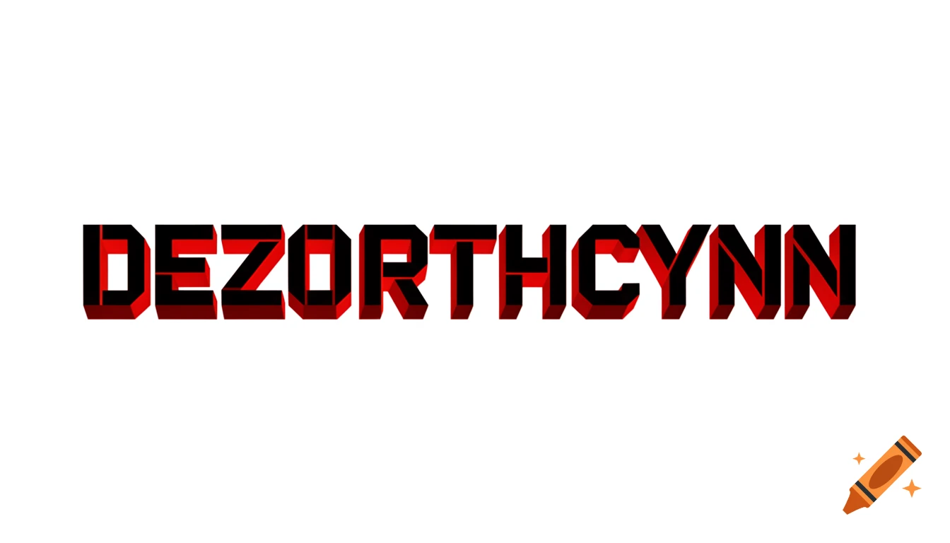 Tech-wear style bold typography reading 'DEZORTHCYNN' in red and black with a 3D blocky effect on a white background.