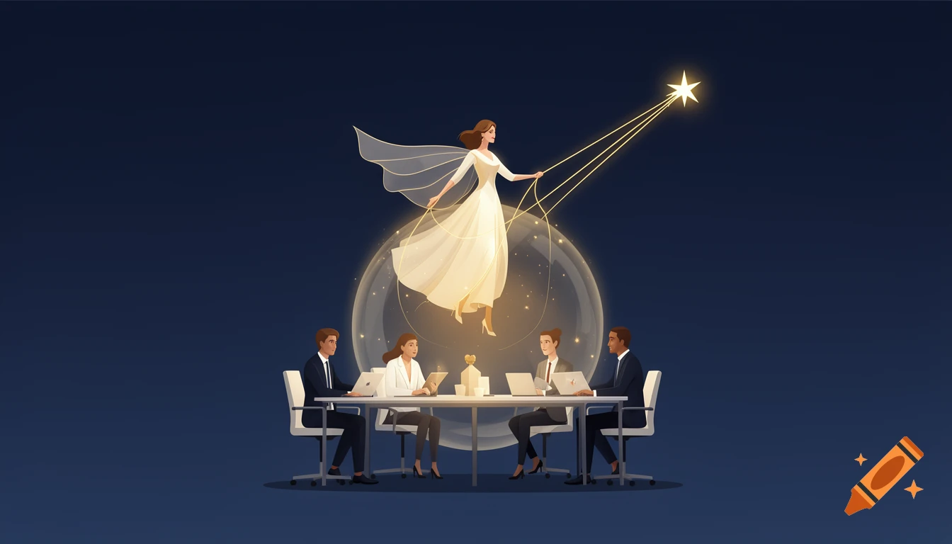 A minimalist vector illustration of a glowing female guardian figure hovering above business professionals at a conference table, guiding them toward a bright star.