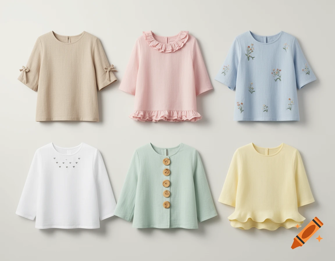 Six different variants of children's blouses in beige, pink, blue, white, mint green, and yellow displayed on a neutral background.
