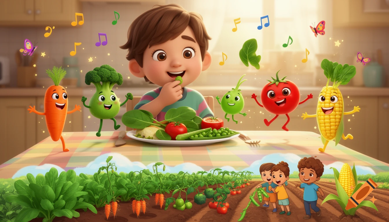 Colorful 3D animated cartoon of a child eating vegetables with cute anthropomorphic vegetable characters at a kitchen table.