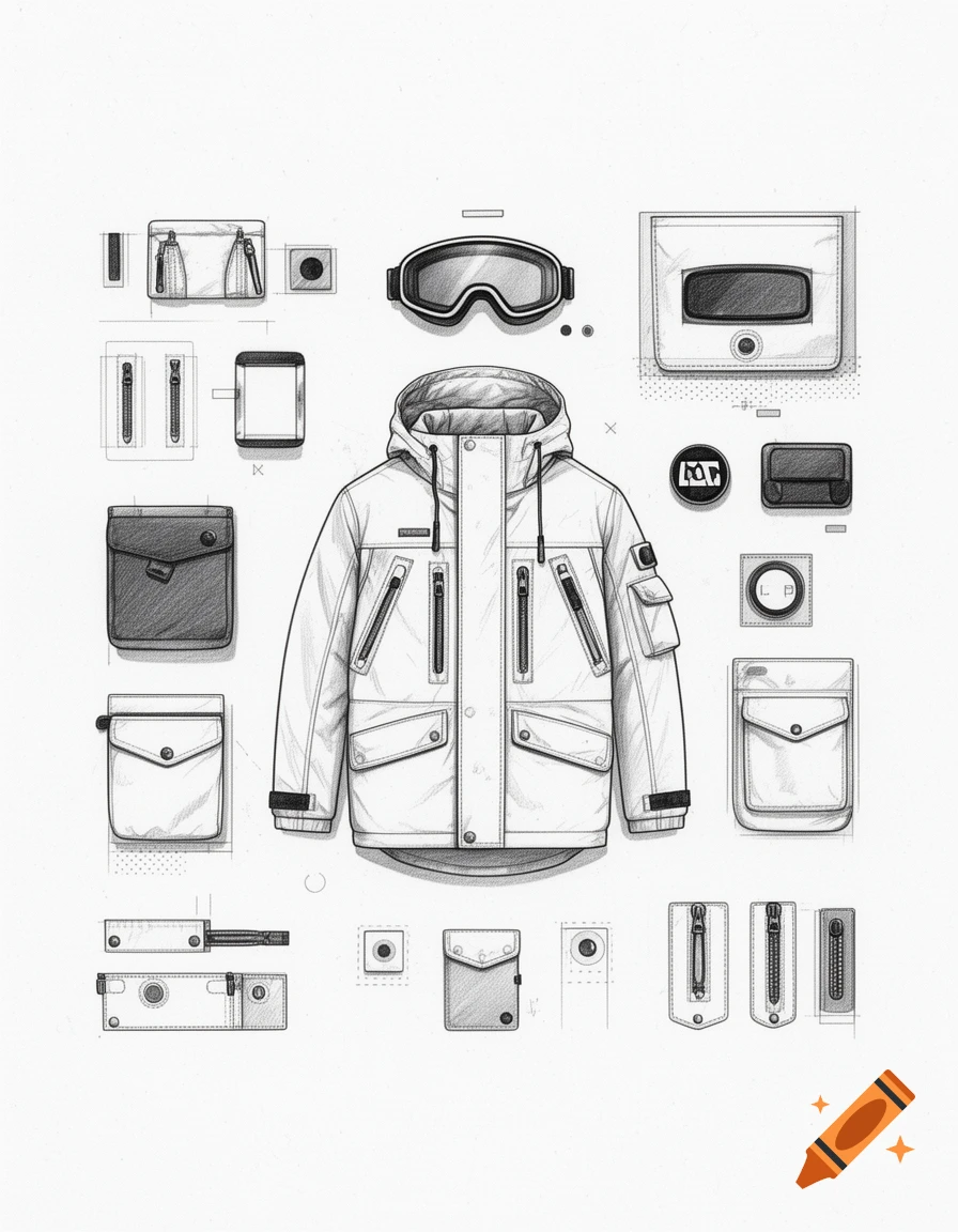 Pencil sketch technical drawing of a winter jacket and modular accessories on paper.