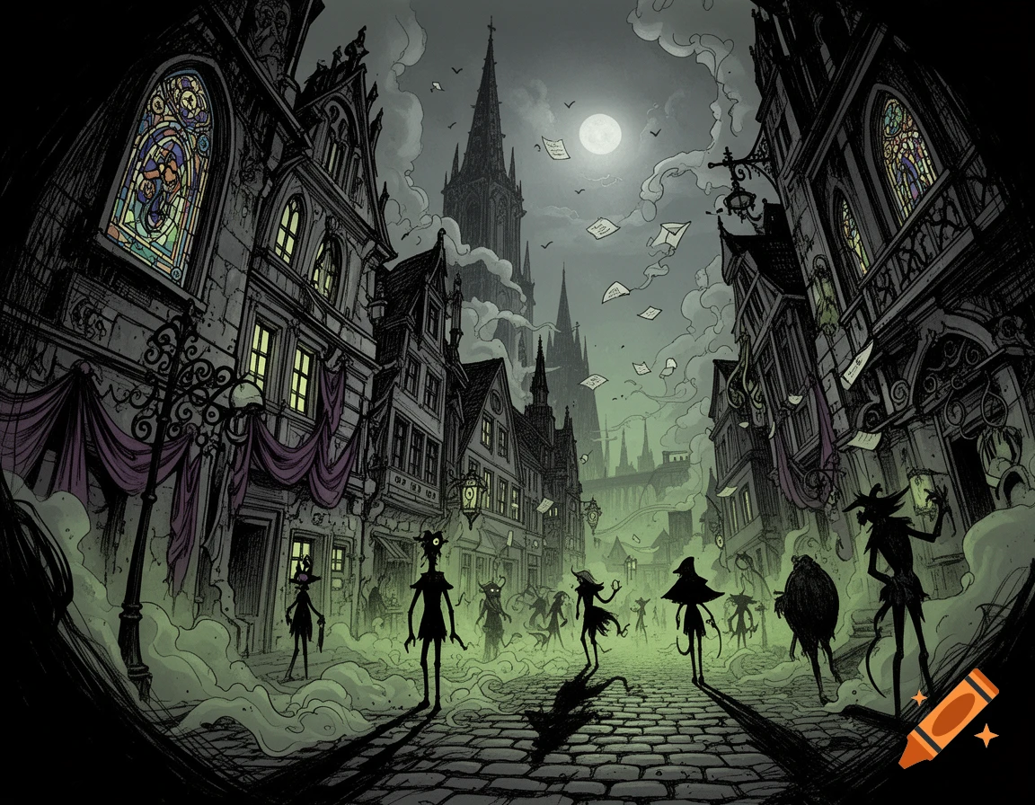 A dark fantasy illustration of a narrow cobblestone street at night in the style of Tim Burton, featuring gothic architecture and eerie figures.