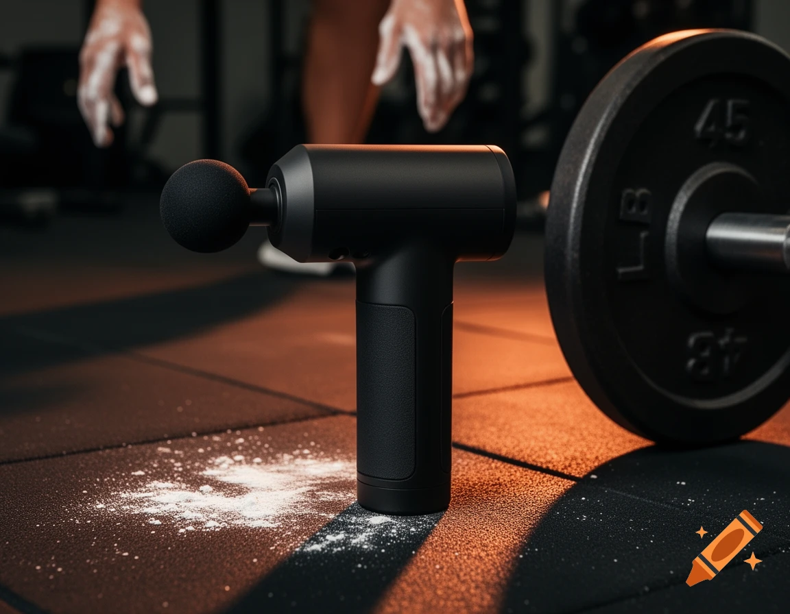 Matte black percussion massage gun resting on gym floor near a 45 LB weight plate, dramatic side lighting, photorealistic.