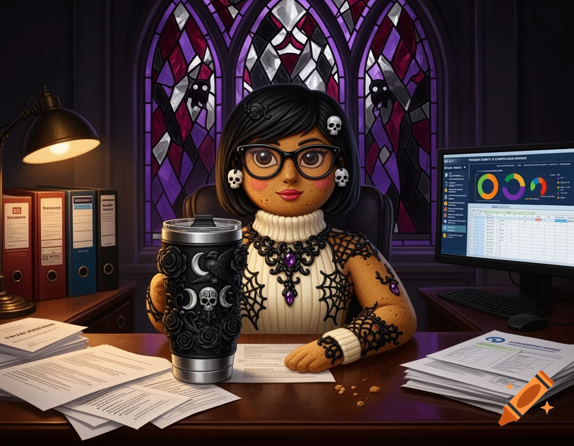 A spooky-cute gingerbread professional character with black glasses sitting at an office desk holding a gothic tumbler.
