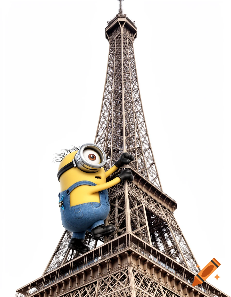A 3D animated minion climbing the Eiffel Tower against a plain white background.