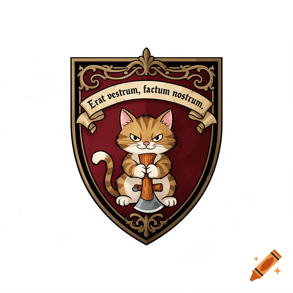 Illustrated heraldic shield with a red background, gold frame, and a determined cartoon cat holding an axe.