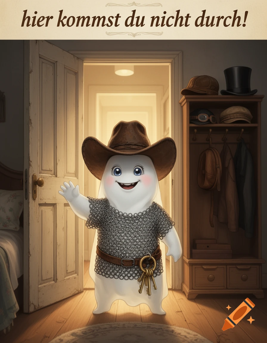 A cute little ghost wearing a cowboy hat and chainmail standing in a doorway waving, with a hat rack in the background.