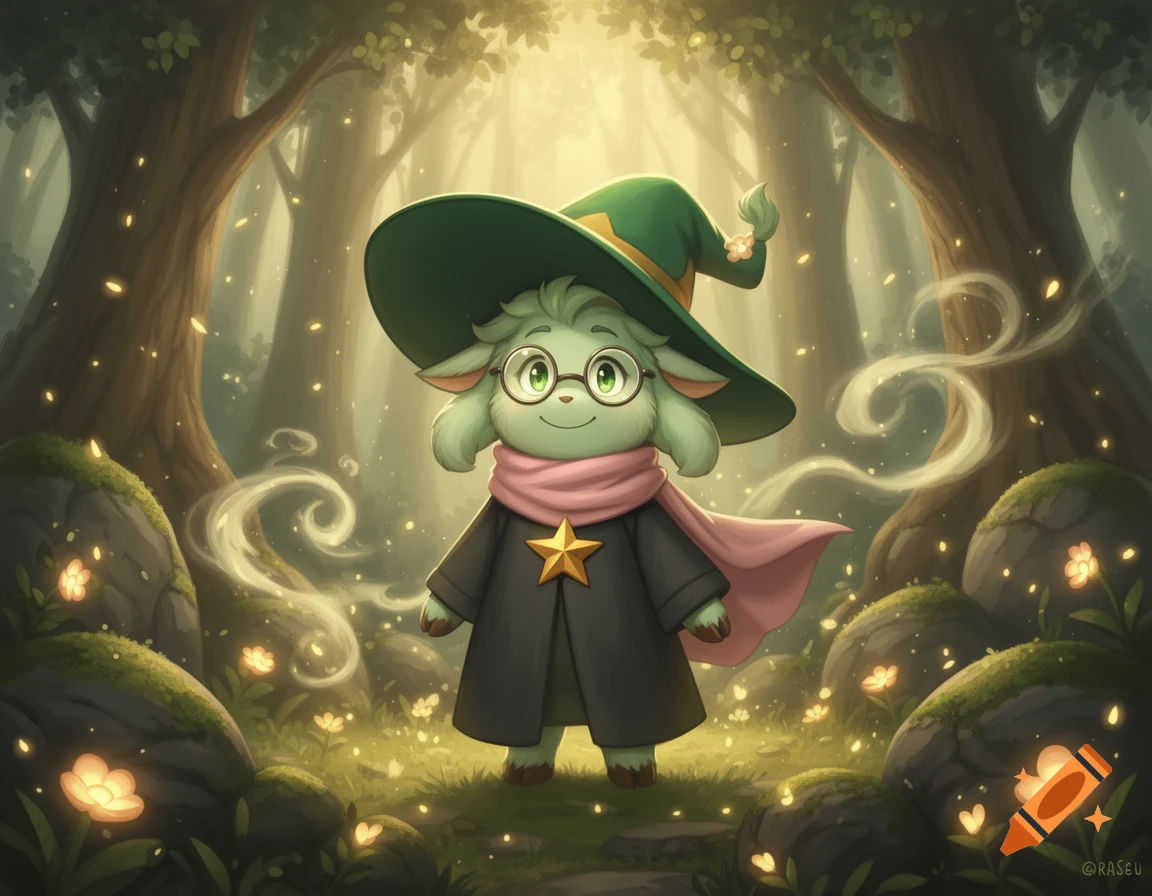 Digital illustration of Ralsei from Deltarune in a magical, glowing forest wearing a green wizard hat and a pink scarf.